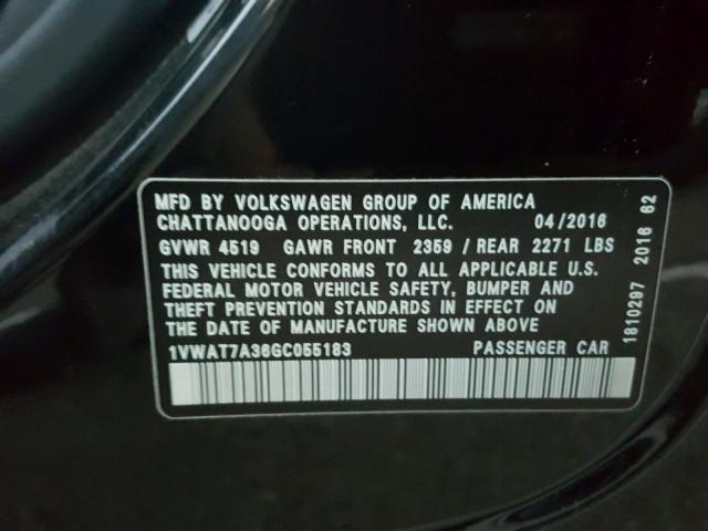 1VWAT7A36GC055183 - 2016 VOLKSWAGEN PASSAT S Schwarz Foto 10