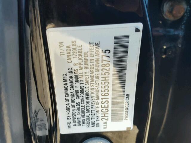 2HGES16555H528775 - 2005 HONDA CIVIC LX BLACK photo 10