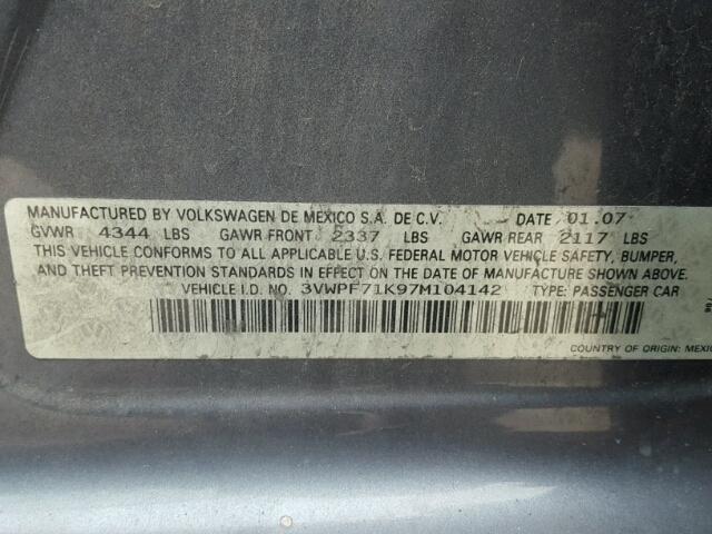 3VWPF71K97M104142 - 2007 VOLKSWAGEN JETTA 2.5 GRAY photo 10