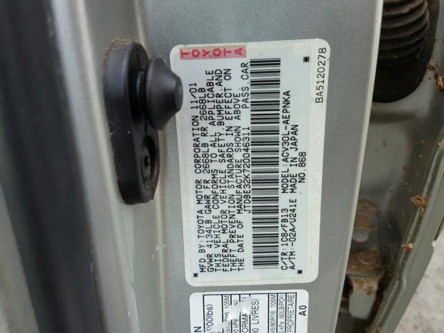 JTDBE32K720046311 - 2002 TOYOTA CAMRY LE ვერცხლისფერი ფოტო 10