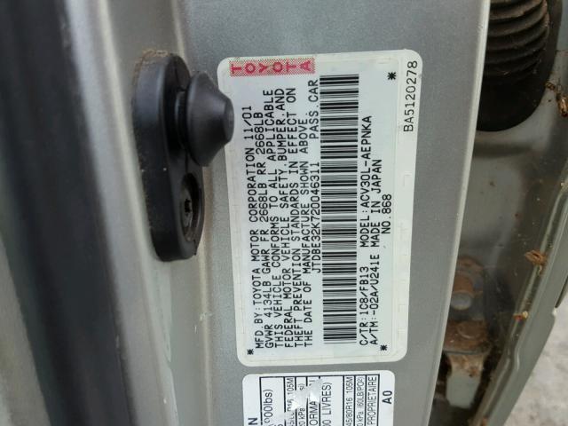 JTDBE32K720046311 - 2002 TOYOTA CAMRY LE SILVER photo 10