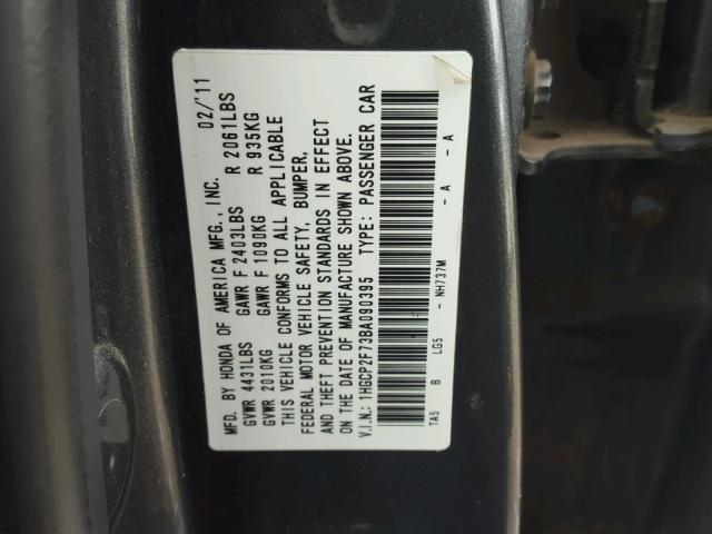 1HGCP2F73BA090395 - 2011 HONDA ACCORD EX GRAY photo 10