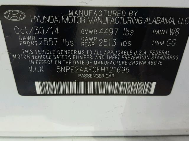 5NPE24AF0FH121696 - 2015 HYUNDAI SONATA SE WHITE photo 10