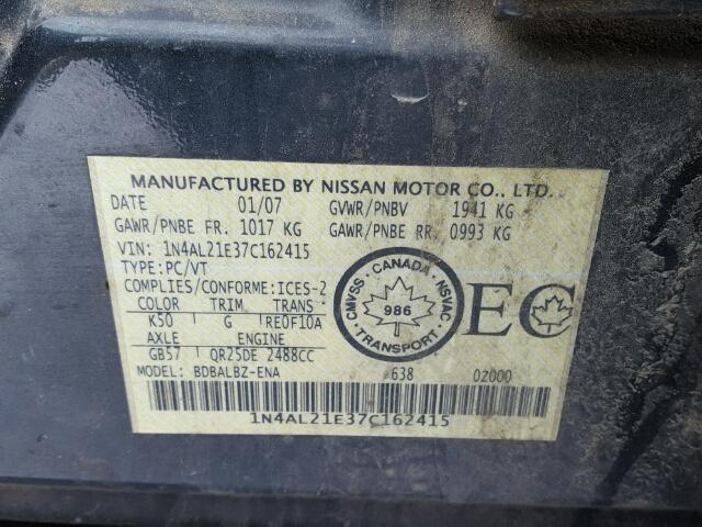 1N4AL21E37C162415 - 2007 NISSAN ALTIMA 2.5 GRAY photo 10