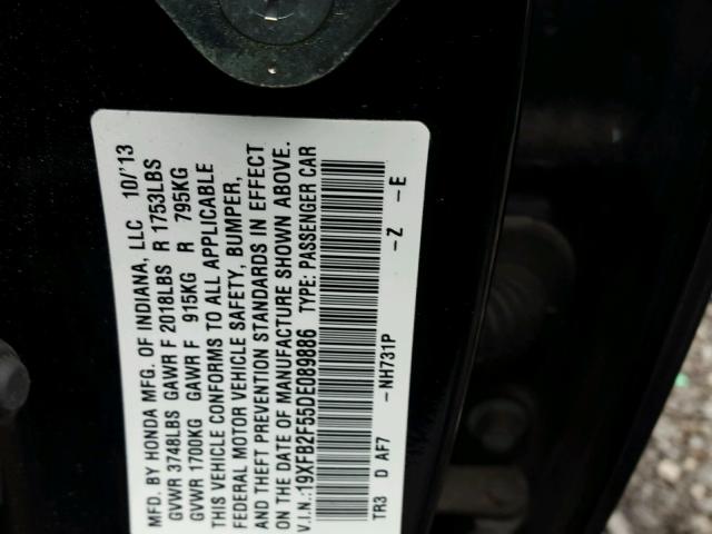 19XFB2F55DE089886 - 2013 HONDA CIVIC LX BLACK photo 10