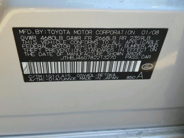 JTHBJ46G782213270 - 2008 LEXUS ES 350 SILVER photo 10