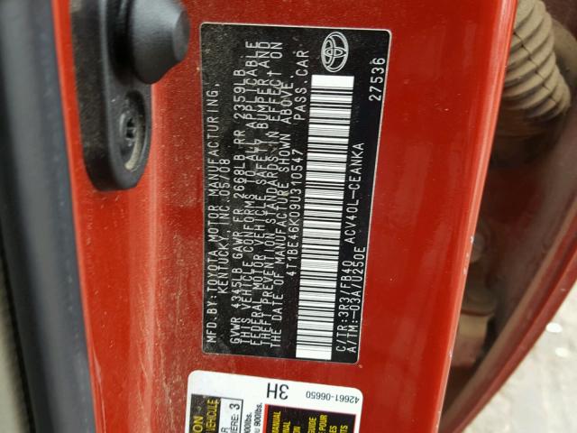 4T1BE46K09U310547 - 2009 TOYOTA CAMRY BASE RED photo 10