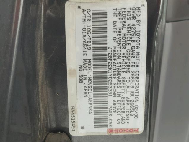 JT2BF22K1Y0263331 - 2000 TOYOTA CAMRY CE BLACK photo 10