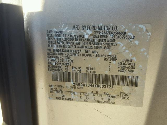 2FMDA5346XBC02727 - 1999 FORD WINDSTAR S GOLD photo 10