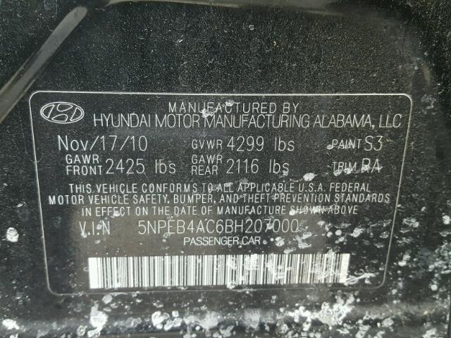 5NPEB4AC6BH207000 - 2011 HYUNDAI SONATA GLS BLACK photo 10