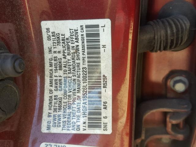 1HGFA16526L100223 - 2006 HONDA CIVIC LX BURGUNDY photo 10