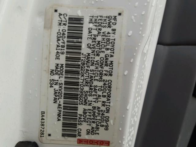 JT2BG22K7Y0395605 - 2000 TOYOTA CAMRY CE WHITE photo 10