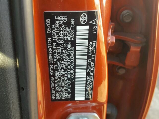 JTKKU10408J029504 - 2008 SCION XD ORANGE photo 10