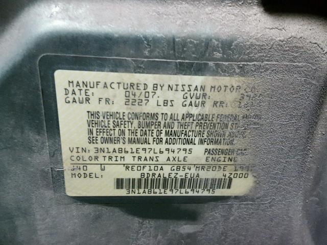 3N1AB61E97L694795 - 2007 NISSAN SENTRA 2.0 GREEN photo 10