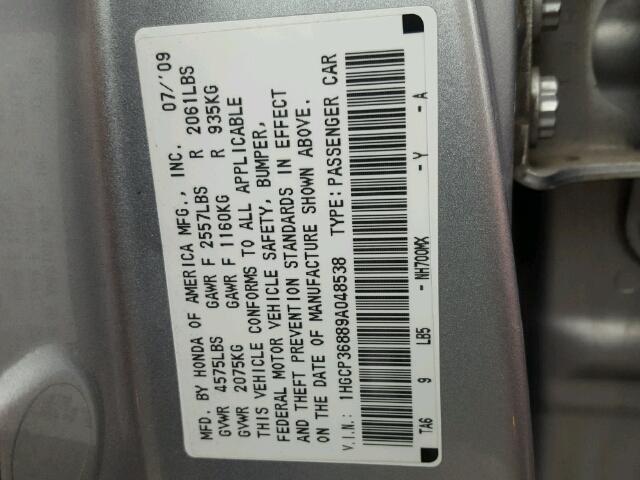 1HGCP36889A048538 - 2009 HONDA ACCORD EXL SILVER photo 10