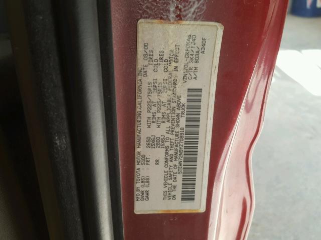 5TEWN72N9YZ708918 - 2000 TOYOTA TACOMA XTR MAROON photo 10