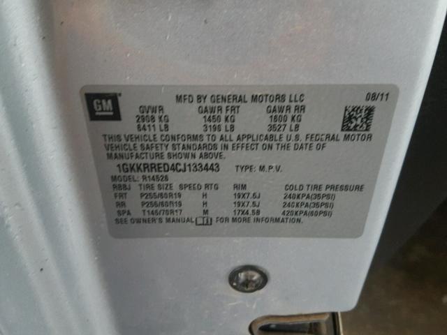 1GKKRRED4CJ133443 - 2012 GMC ACADIA SLT ვერცხლისფერი ფოტო 10