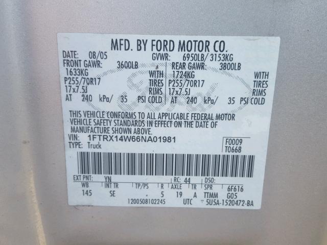 1FTRX14W66NA01981 - 2006 FORD F150 SILVER photo 10