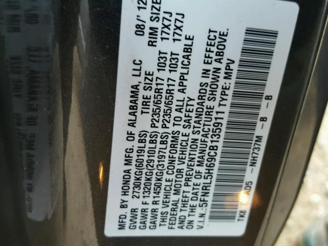 5FNRL5H69CB135911 - 2012 HONDA ODYSSEY EX GRAY photo 10