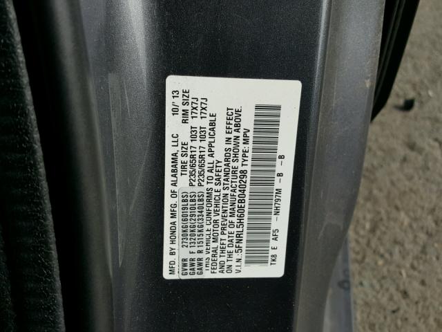 5FNRL5H60EB040298 - 2014 HONDA ODYSSEY EX GRAY photo 10