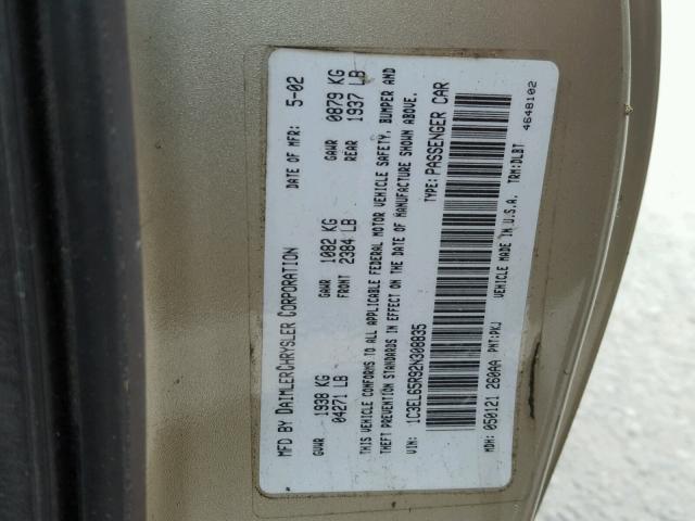 1C3EL65R92N308835 - 2002 CHRYSLER SEBRING LI GOLD photo 10