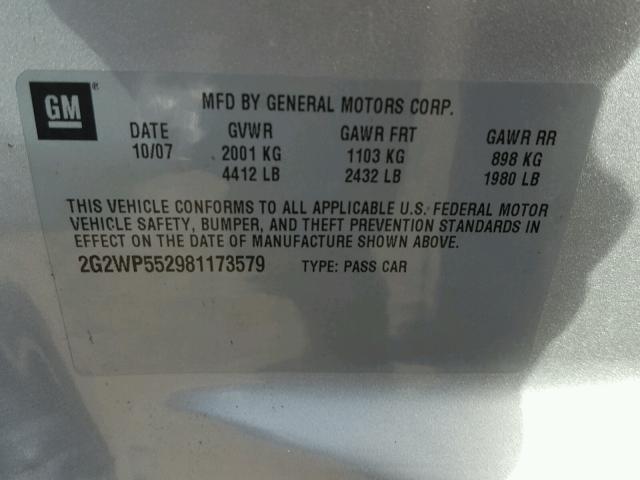 2G2WP552981173579 - 2008 PONTIAC GRAND PRIX SILVER photo 10