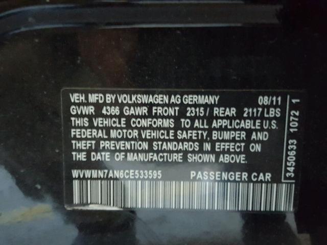 WVWMN7AN6CE533595 - 2012 VOLKSWAGEN CC SPORT BLACK photo 10