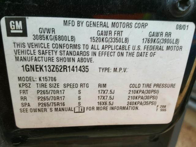 1GNEK13Z62R141435 - 2002 CHEVROLET TAHOE K150 BLACK photo 10