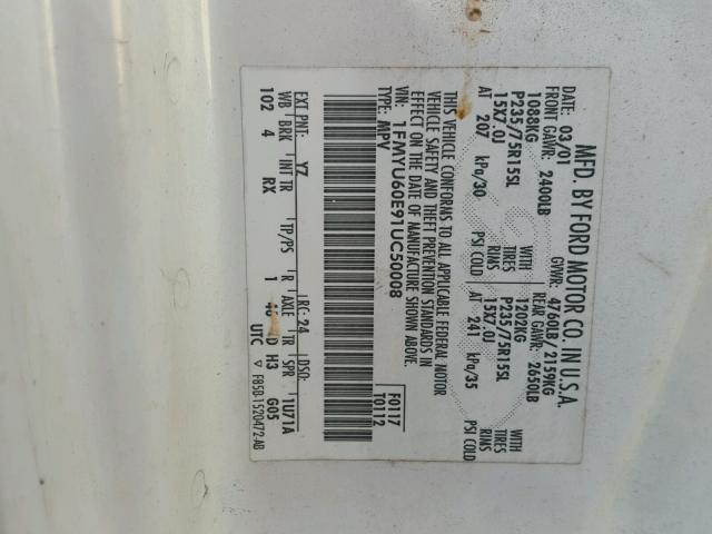 1FMYU60E91UC50008 - 2001 FORD EXPLORER S WHITE photo 10