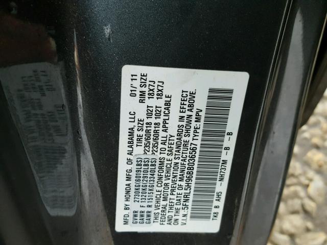 5FNRL5H96BB036567 - 2011 HONDA ODYSSEY TO GRAY photo 10