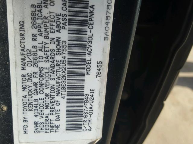 4T1BE32KX2U547553 - 2002 TOYOTA CAMRY LE GREEN photo 10