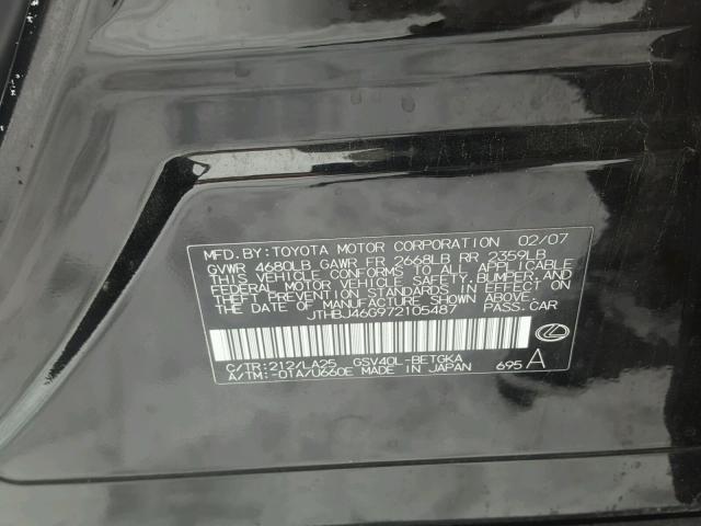 JTHBJ46G972105487 - 2007 LEXUS ES 350 BLACK photo 10