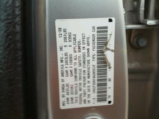 1HGCP26819A085537 - 2009 HONDA ACCORD EXL SILVER photo 10