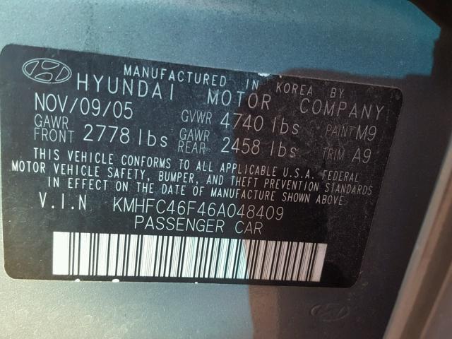 KMHFC46F46A048409 - 2006 HYUNDAI AZERA SE GRAY photo 10