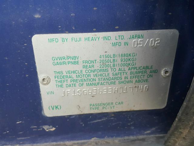 JF1SG63633H717740 - 2003 SUBARU FORESTER 2 BLUE photo 10