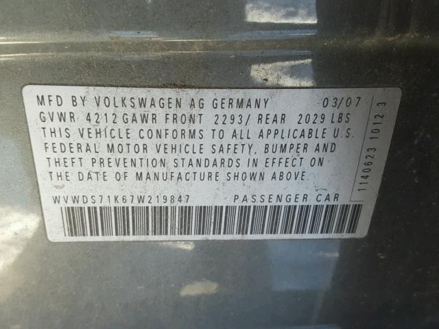 WVWDS71K67W219847 - 2007 VOLKSWAGEN RABBIT GRAY photo 10