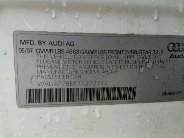 WAUAF78E47A272712 - 2007 AUDI A4 2 WHITE photo 10