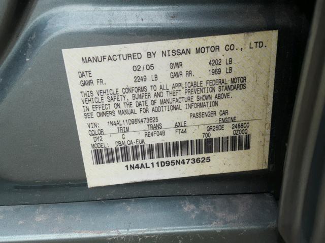 1N4AL11D95N473625 - 2005 NISSAN ALTIMA S GREEN photo 10