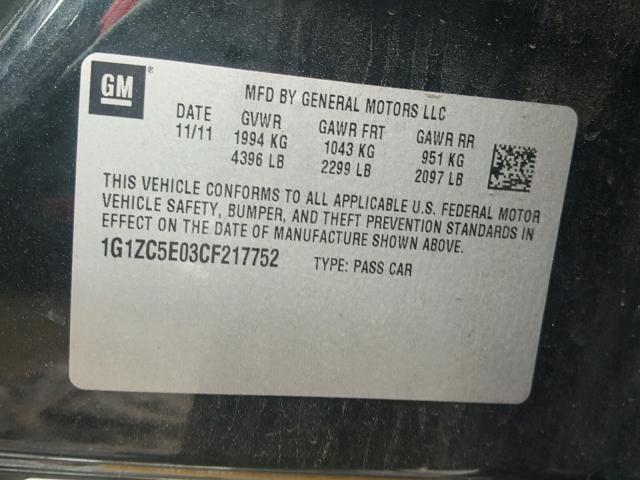 1G1ZC5E03CF217752 - 2012 CHEVROLET MALIBU 1LT 黑色 照片 10