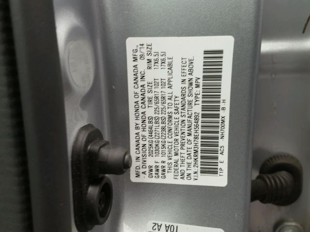 2HKRM3H78EH564892 - 2014 HONDA CR-V EXL SILVER photo 10