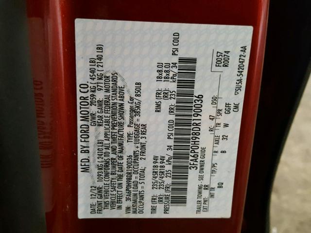 3FA6P0H98DR190036 - 2013 FORD FUSION SE RED photo 10