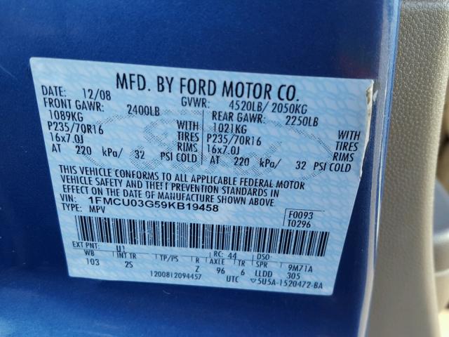 1FMCU03G59KB19458 - 2009 FORD ESCAPE XLT BLUE photo 10