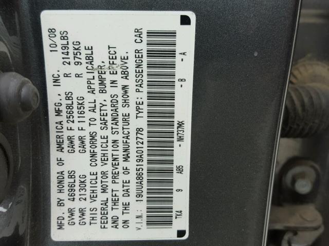 19UUA86519A012778 - 2009 ACURA TL GRAY photo 10