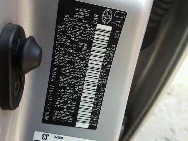 2T1BU40E69C170091 - 2009 TOYOTA COROLLA BA SILVER photo 10