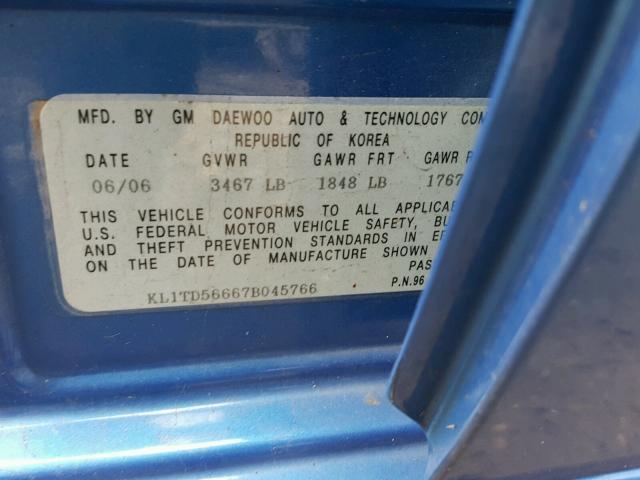 KL1TD56667B045766 - 2007 CHEVROLET AVEO BASE Niebieski zdjęcie 10