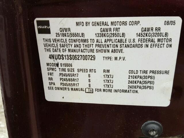 4NUDS13S062700729 - 2006 ISUZU ASCENDER S 栗色 照片 10