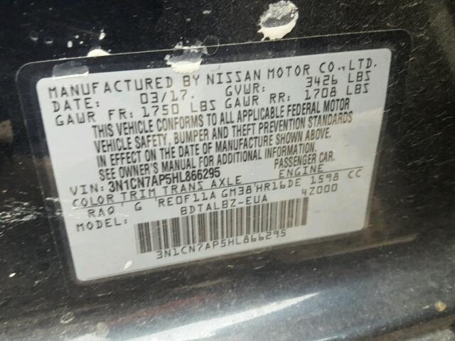 3N1CN7AP5HL866295 - 2017 NISSAN VERSA S BLUE photo 10