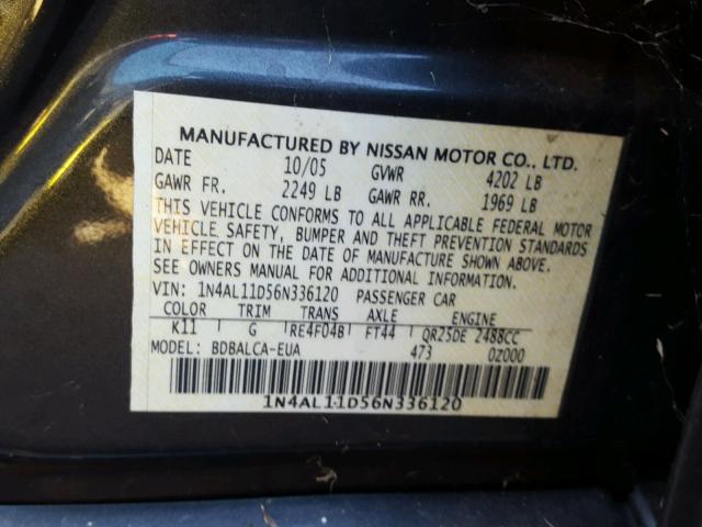 1N4AL11D56N336120 - 2006 NISSAN ALTIMA S GRAY photo 10