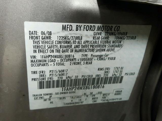 1FAHP24WX8G180816 - 2008 FORD TAURUS SEL SILVER photo 10