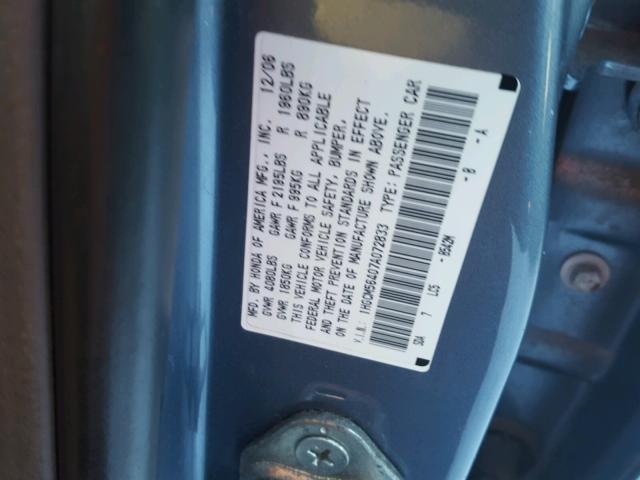 1HGCM56407A072833 - 2007 HONDA ACCORD LX GRAY photo 10